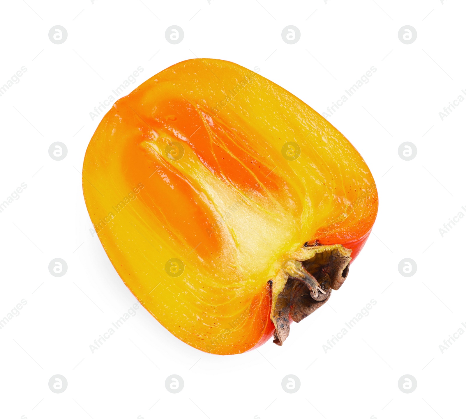 Photo of Half of delicious ripe juicy persimmon isolated on white, top view