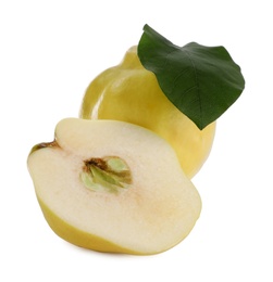 Photo of Whole and cut delicious quinces on white background