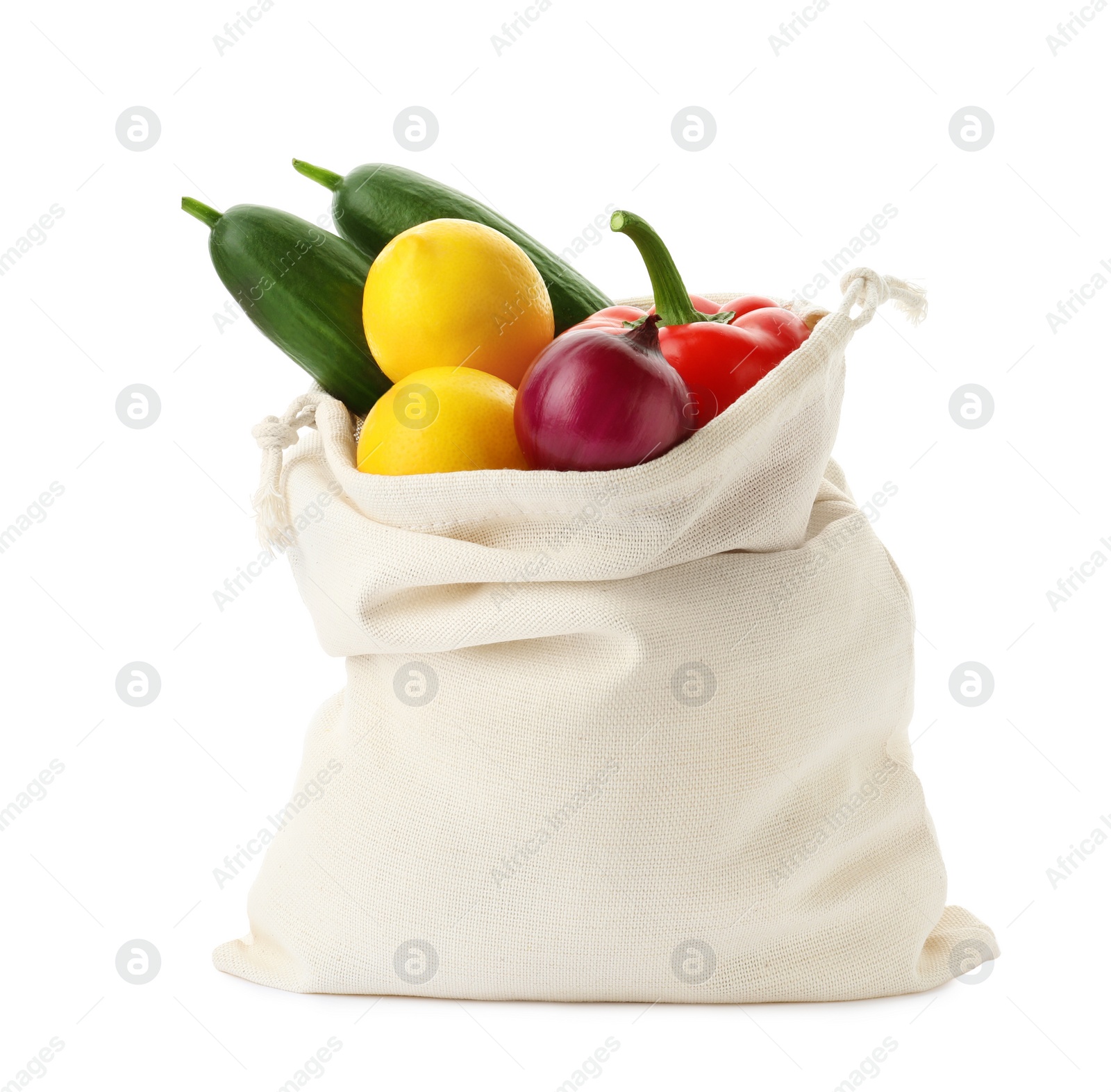 Photo of Cotton eco bag with vegetables isolated on white