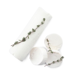 Photo of Delicious goat cheese with thyme on white background, top view