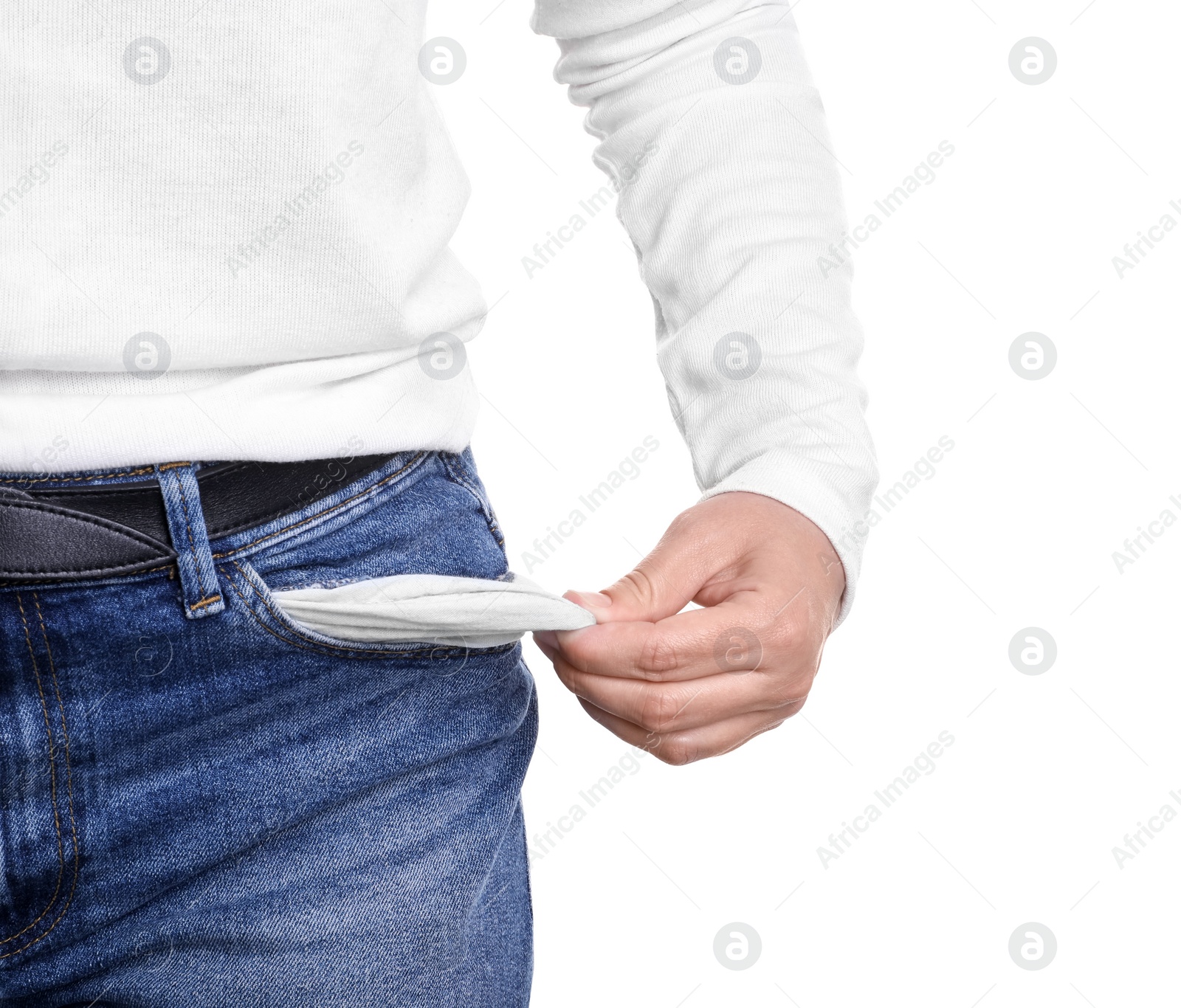 Photo of Poor woman showing empty pocket on white background, closeup