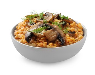Delicious red lentils with mushrooms and dill in bowl isolated on white