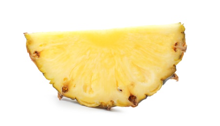 Slice of tasty juicy pineapple on white background