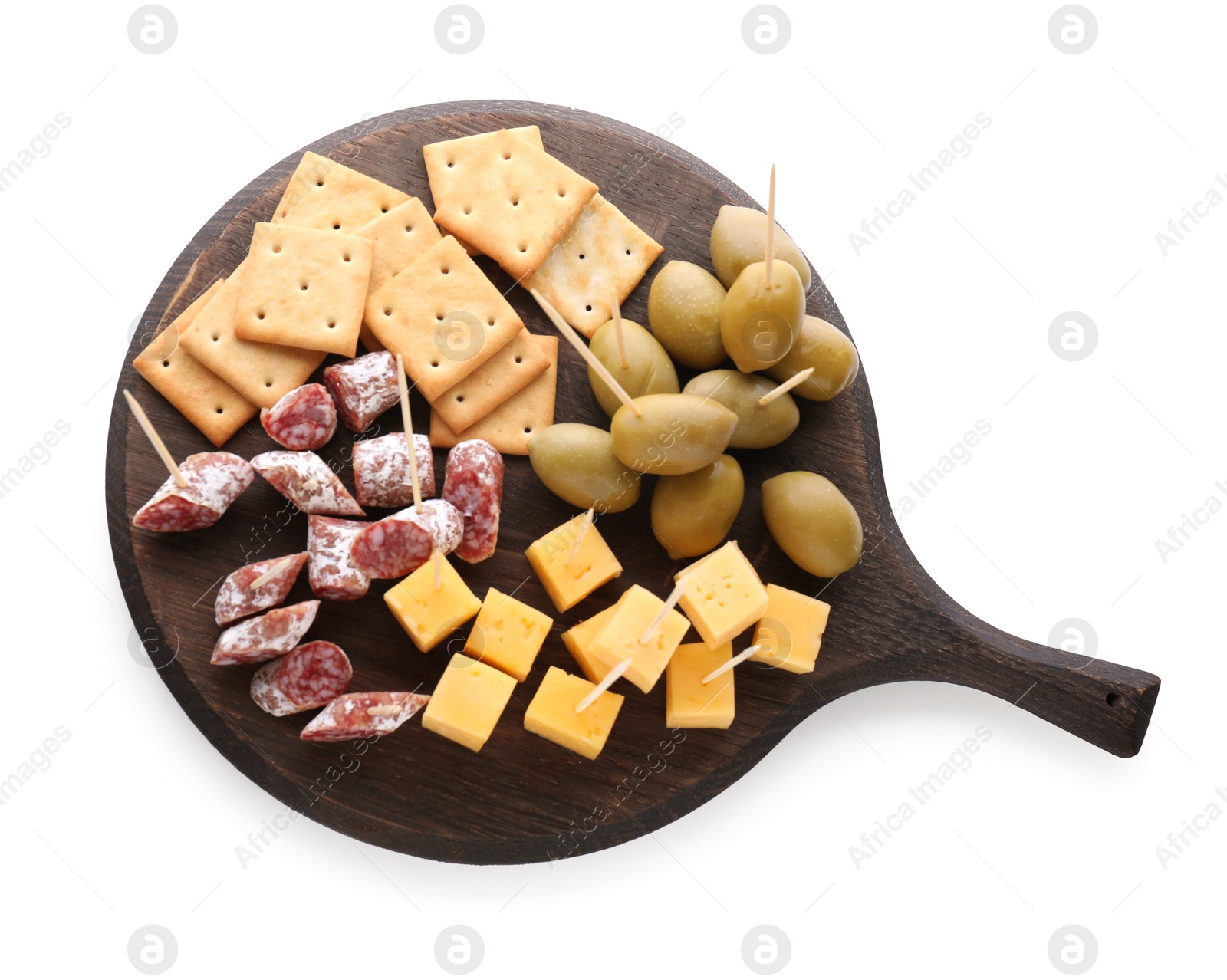 Photo of Toothpick appetizers. Tasty cheese, sausage, crackers and olives on white background, top view