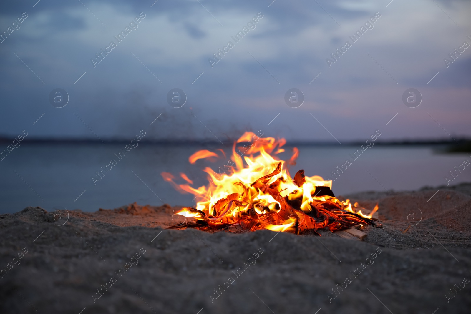 Photo of Beautiful bonfire with burning firewood on beach