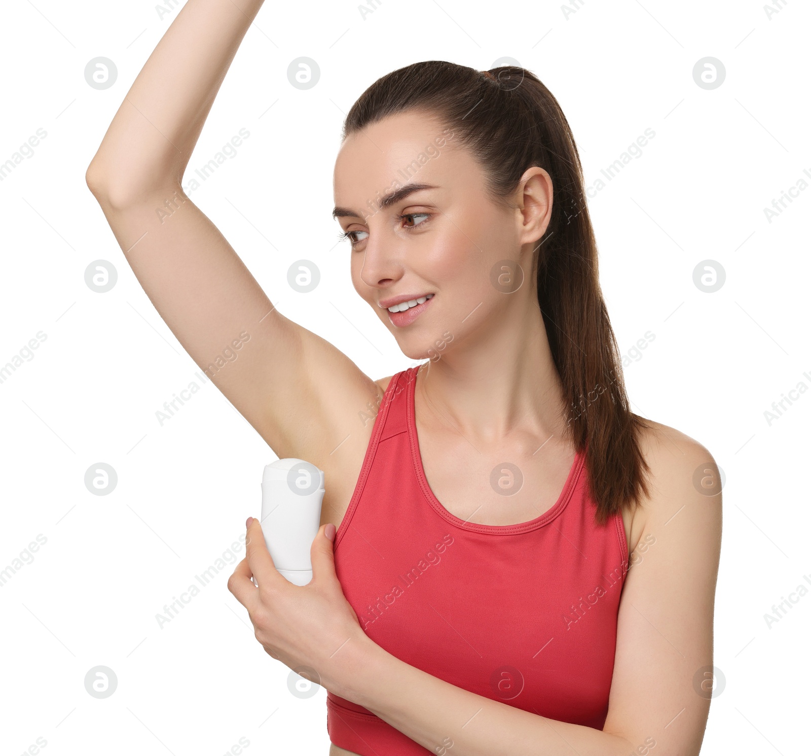 Photo of Beautiful woman applying deodorant on white background