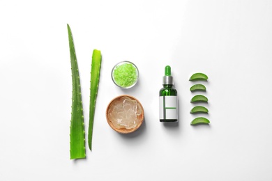 Photo of Flat lay composition with aloe vera on white background