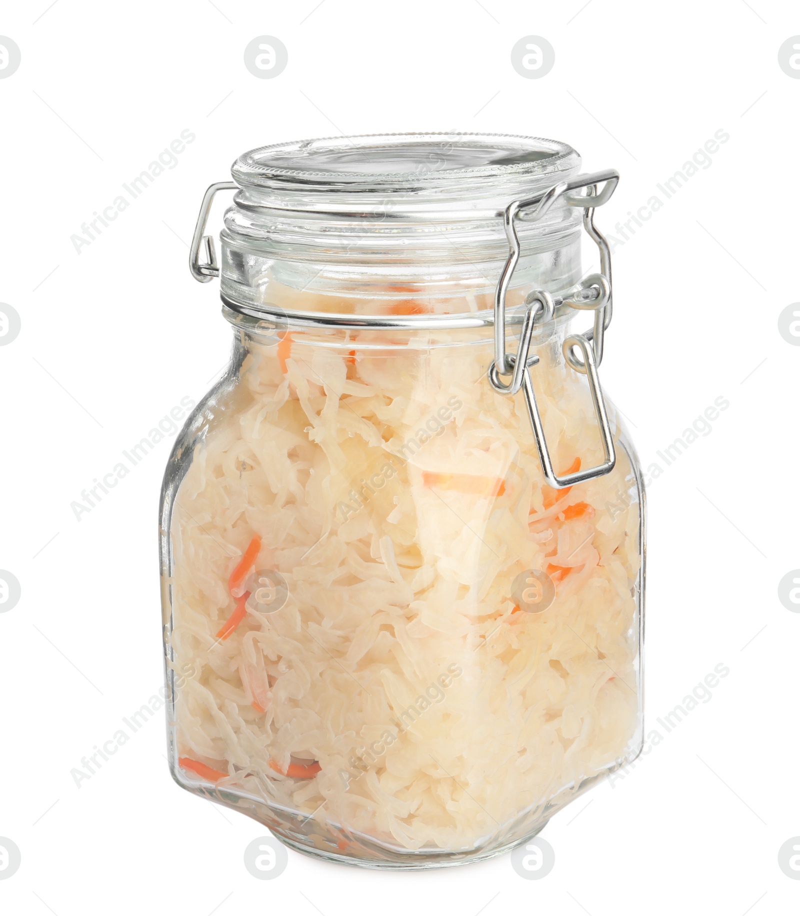 Photo of Glass jar of tasty fermented cabbage with carrot on white background