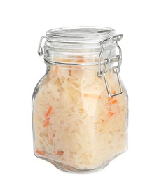 Photo of Glass jar of tasty fermented cabbage with carrot on white background