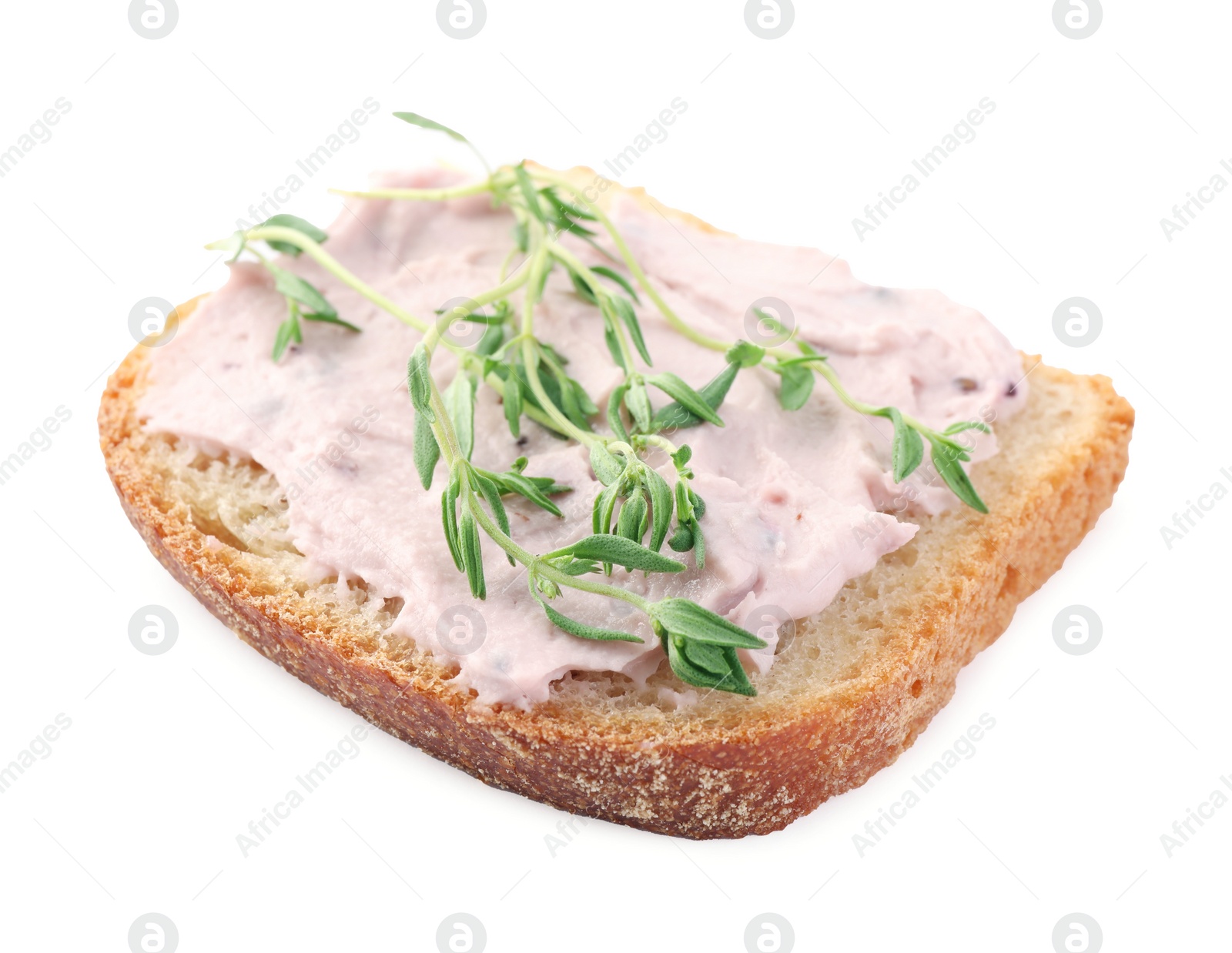 Photo of Tasty sandwich with cream cheese and thyme isolated on white
