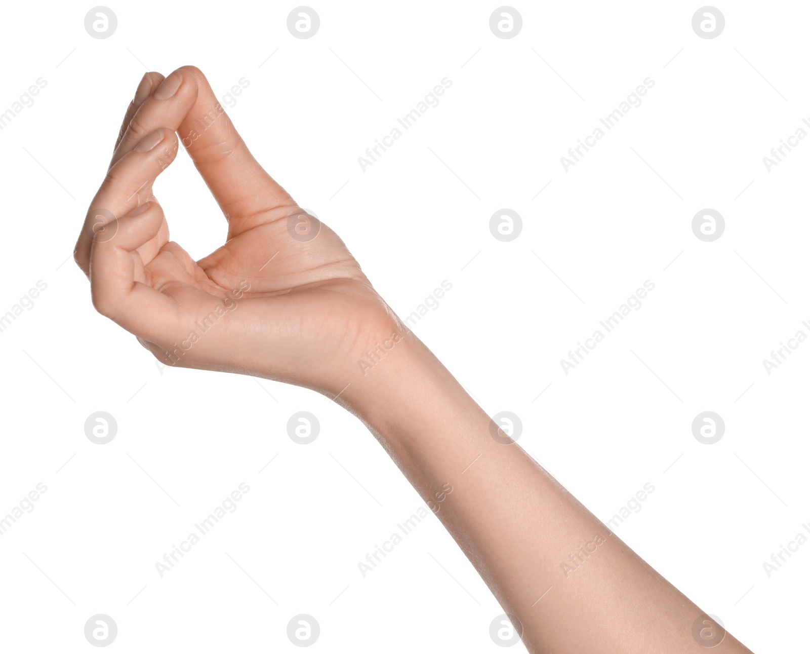 Photo of Woman holding something on white background, closeup of hand