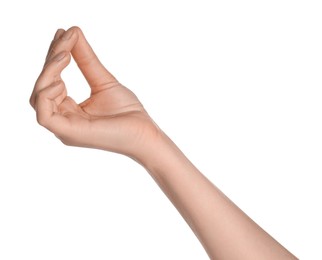 Photo of Woman holding something on white background, closeup of hand