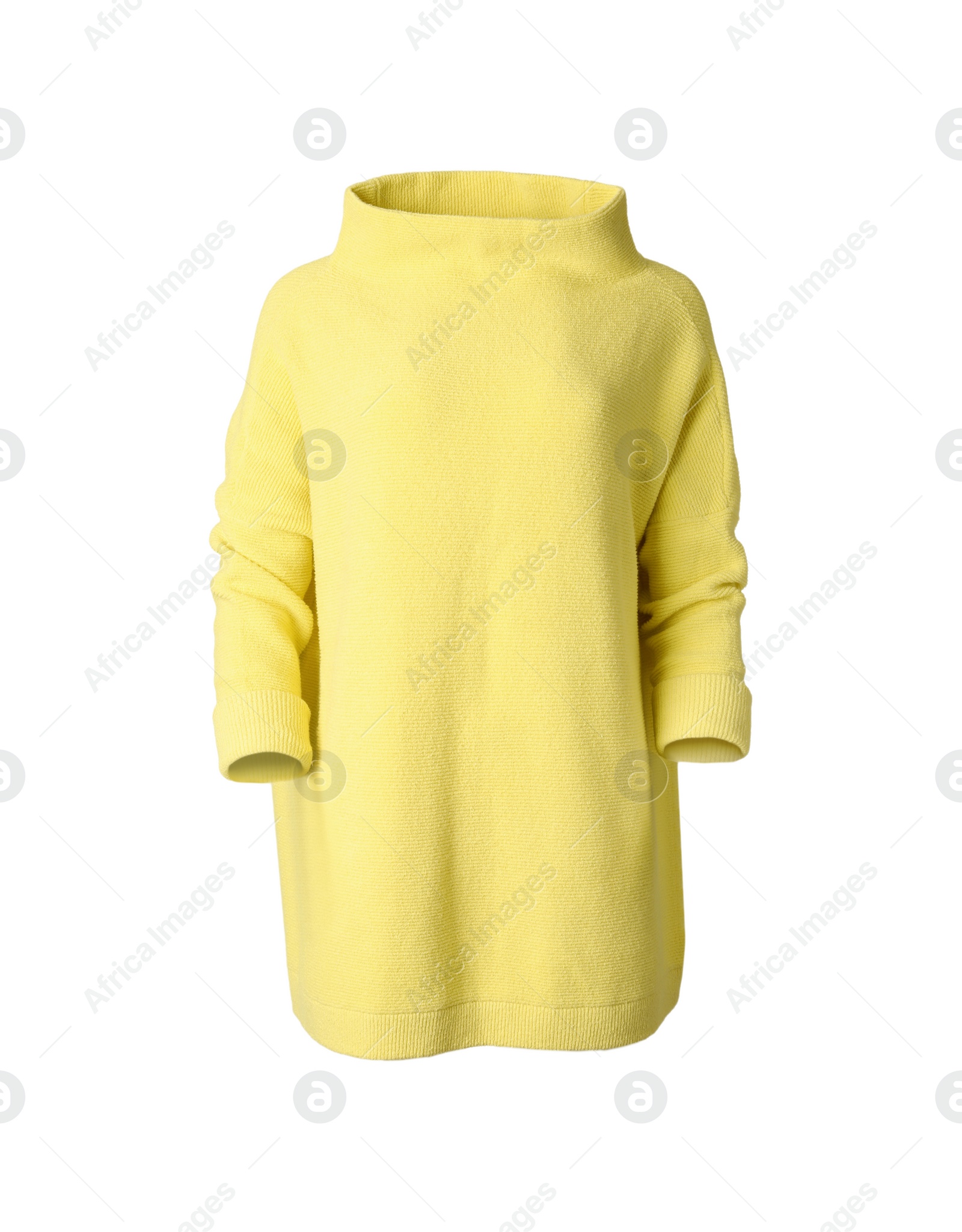 Photo of Stylish knitted yellow sweater isolated on white