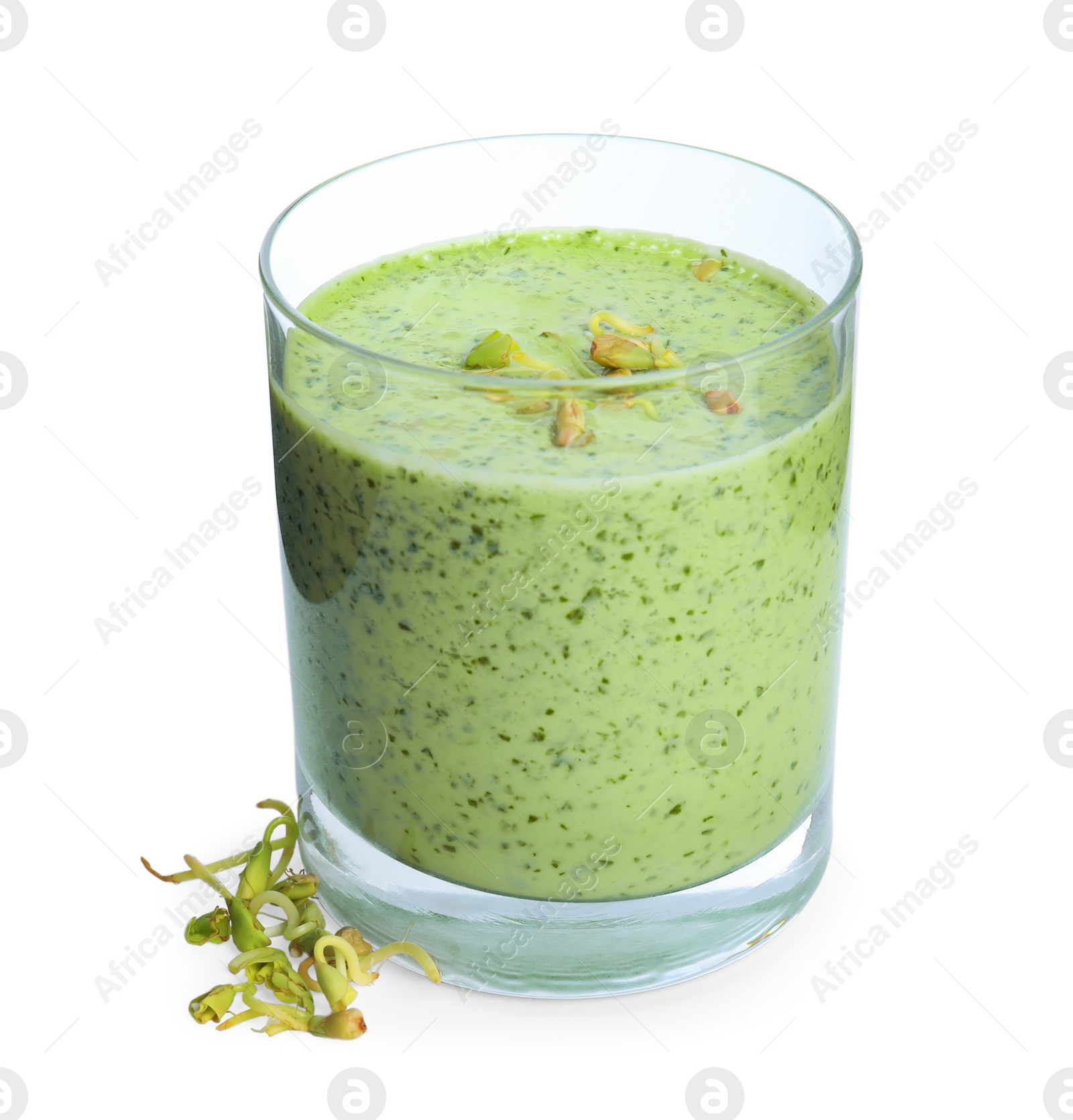 Photo of Glass with green buckwheat smoothie isolated on white