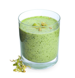 Glass with green buckwheat smoothie isolated on white