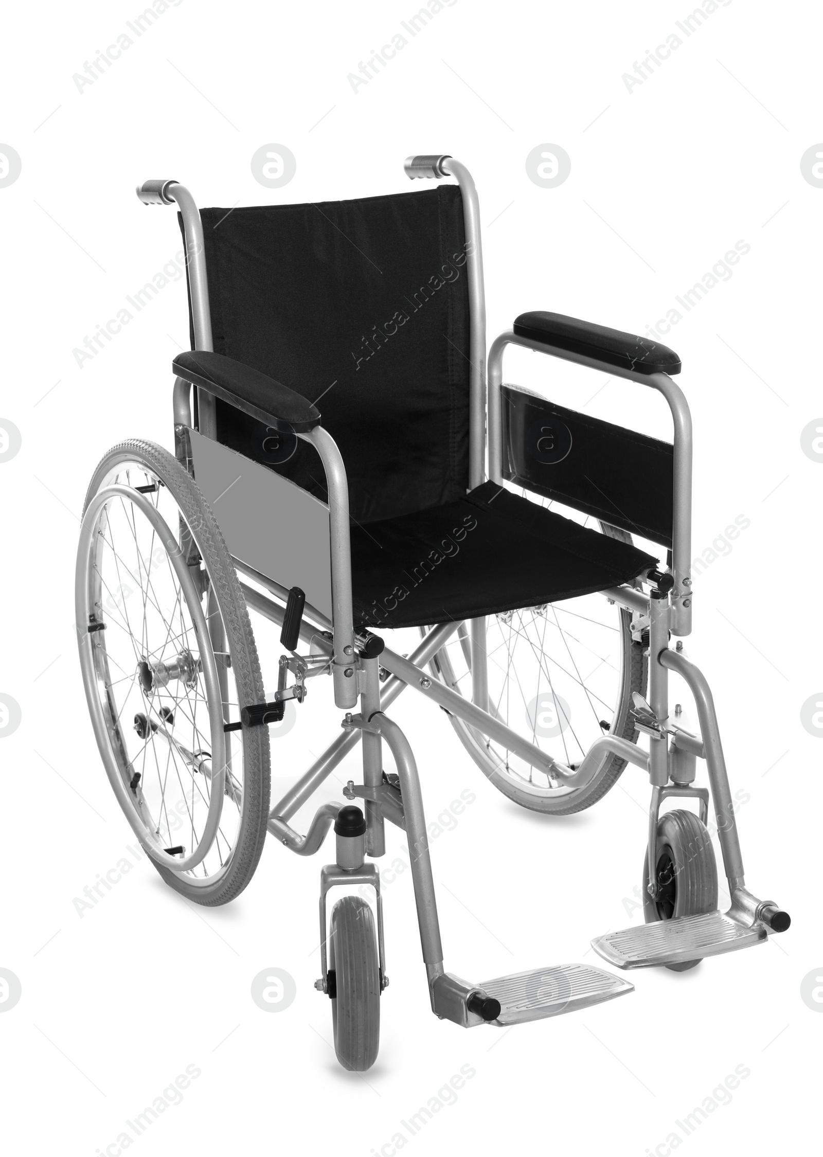 Photo of New modern empty wheelchair on white background