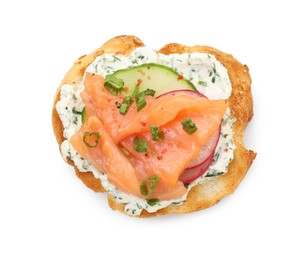 Photo of Tasty canape with salmon, cucumber, radish and cream cheese isolated on white, top view