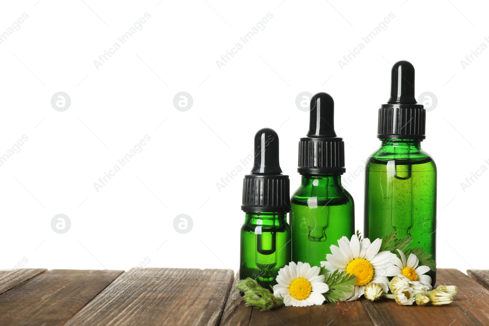 Photo of Chamomile flowers and cosmetic bottles of essential oil on wooden table against white background. Space for text