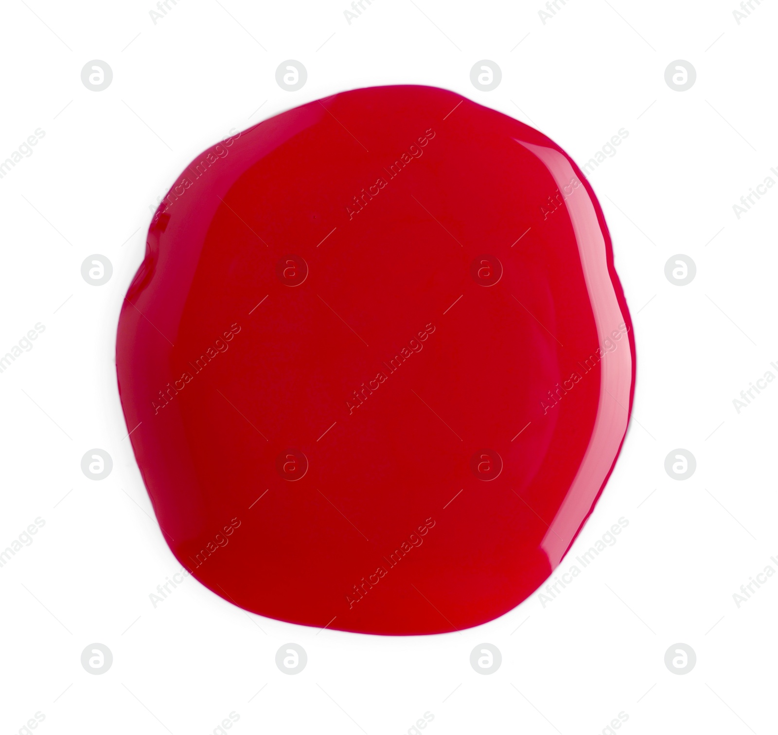 Photo of Sample of crimson nail polish isolated on white, top view