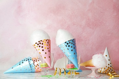 Cotton candy served on table for party