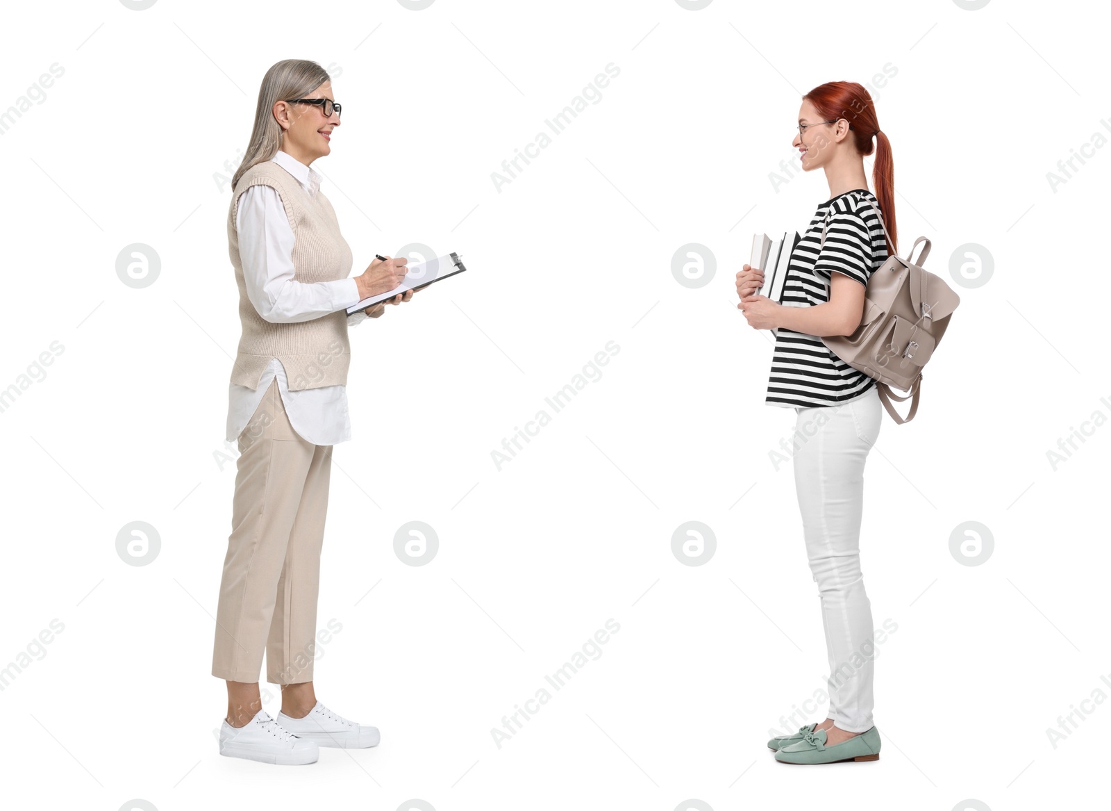 Image of Teacher and student talking on white background. Dialogue