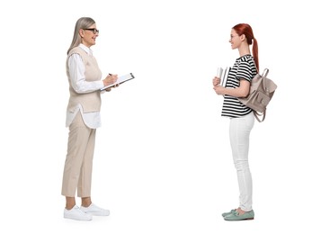 Teacher and student talking on white background. Dialogue