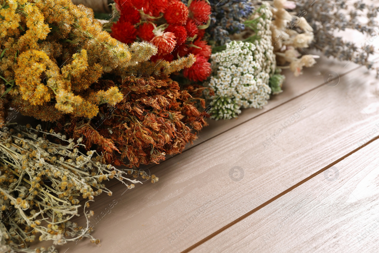 Photo of Different medicinal herbs on wooden table, closeup. Space for text