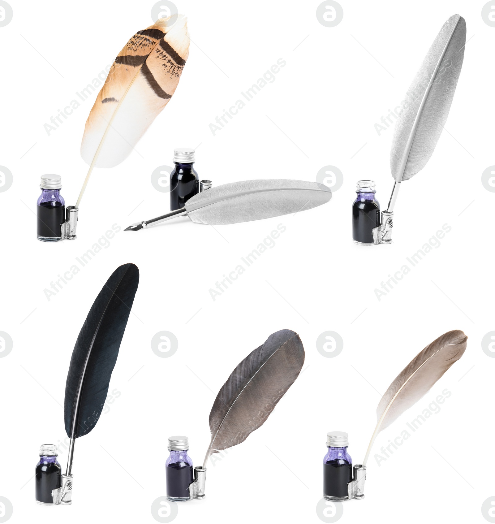 Image of Set with quills and inks on white background