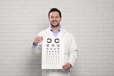 Photo of Ophthalmologist with vision test chart near white brick wall