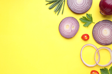 Flat lay composition with onion and spices on yellow background. Space for text