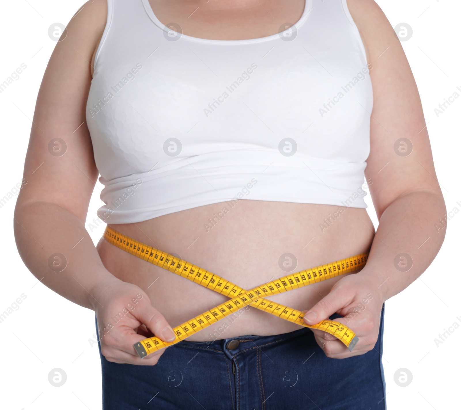 Photo of Overweight woman measuring waist with tape isolated on white, closeup