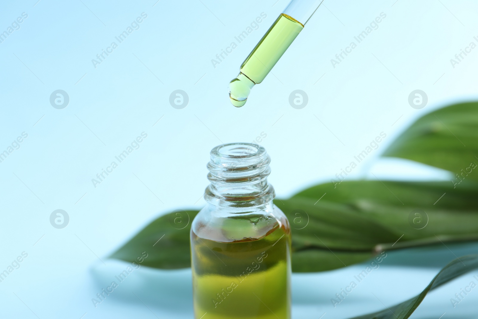 Photo of Dripping cosmetic oil from pipette into bottle on light blue background, closeup