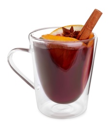 Photo of Aromatic mulled wine in glass cup isolated on white