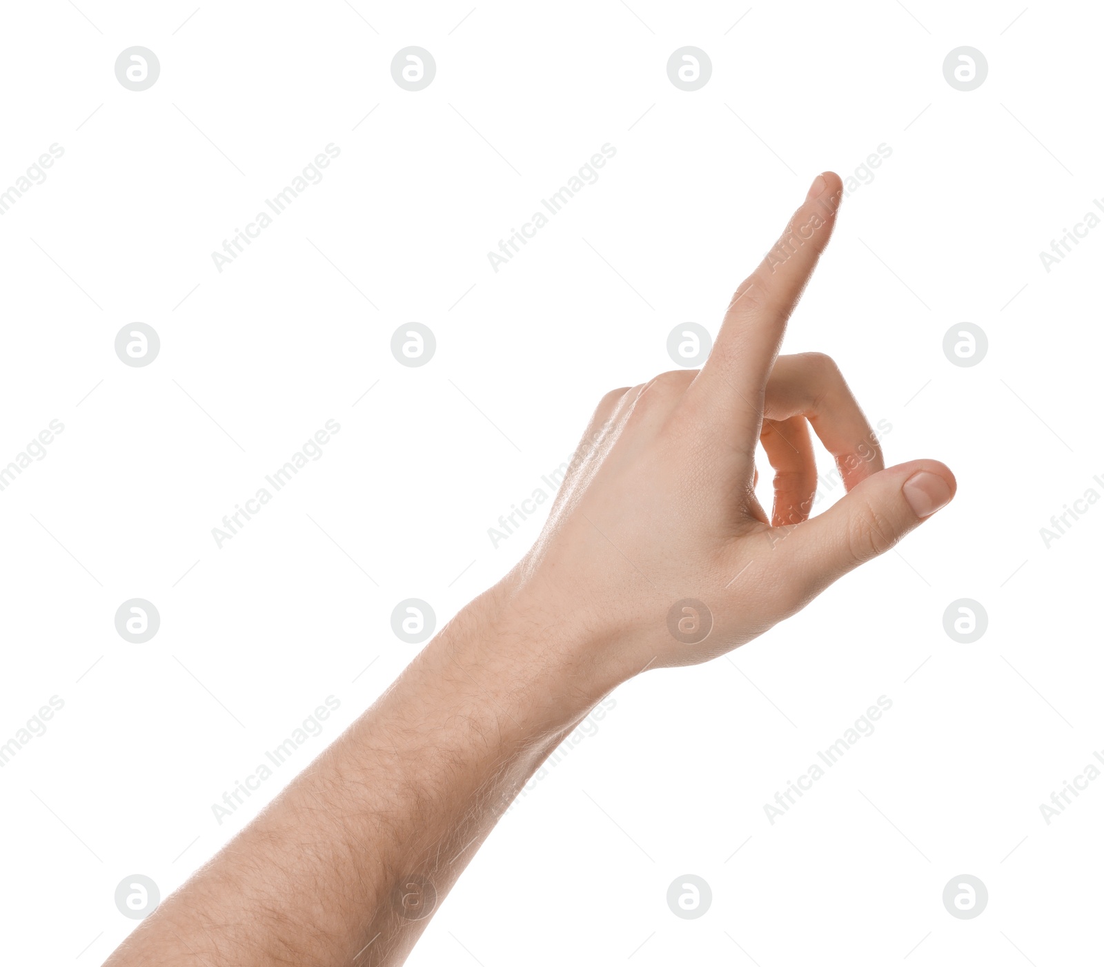 Photo of Man pointing at something on white background, closeup of hand