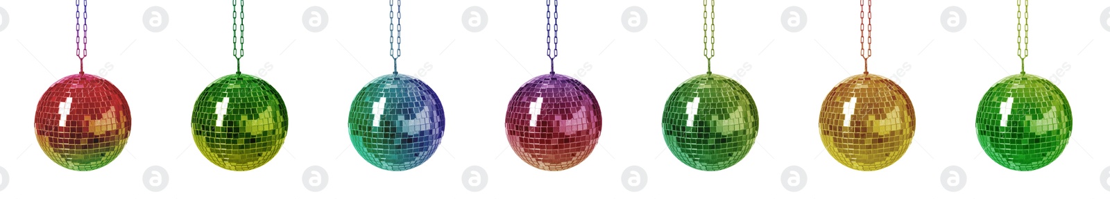 Image of Set with colorful shiny disco balls on white background. Banner design