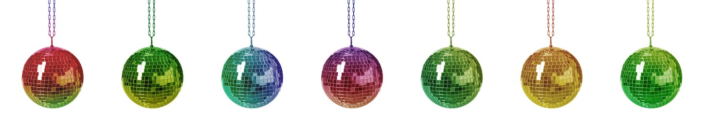 Image of Set with colorful shiny disco balls on white background. Banner design