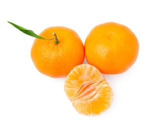 Photo of Fresh ripe juicy tangerines with green leaf on white background, above view