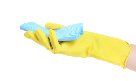 Photo of Person in rubber glove with rag on white background, closeup of hand