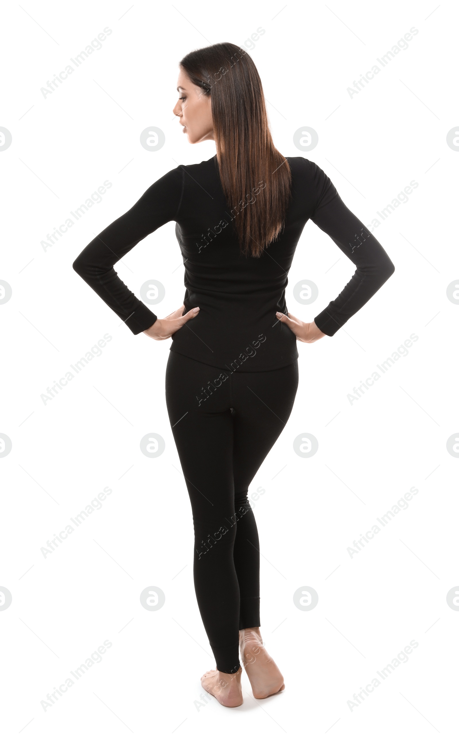 Photo of Woman wearing thermal underwear isolated on white, back view