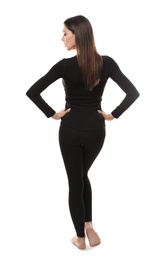 Photo of Woman wearing thermal underwear isolated on white, back view