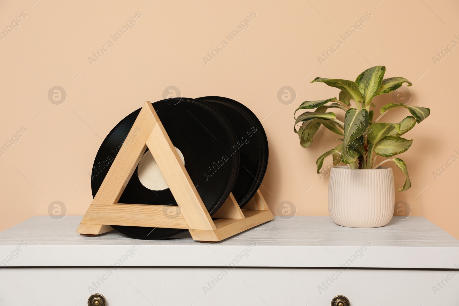 Photo of Vinyl records and potted plant on white wooden drawer dresser near beige wall