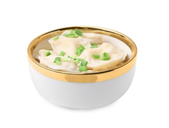 Photo of Cooked dumplings (varenyky) with tasty filling and green onion on white background