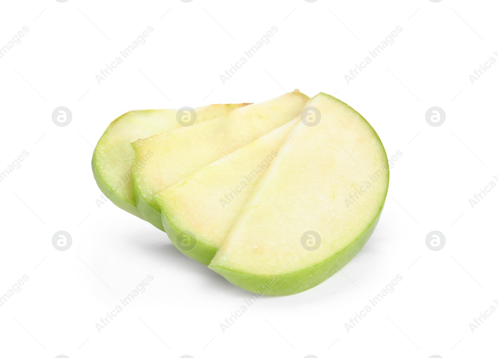 Photo of Pieces of fresh green apple on white background