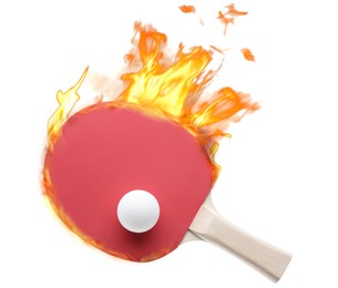 Image of Ping pong racket and ball in fire on white background