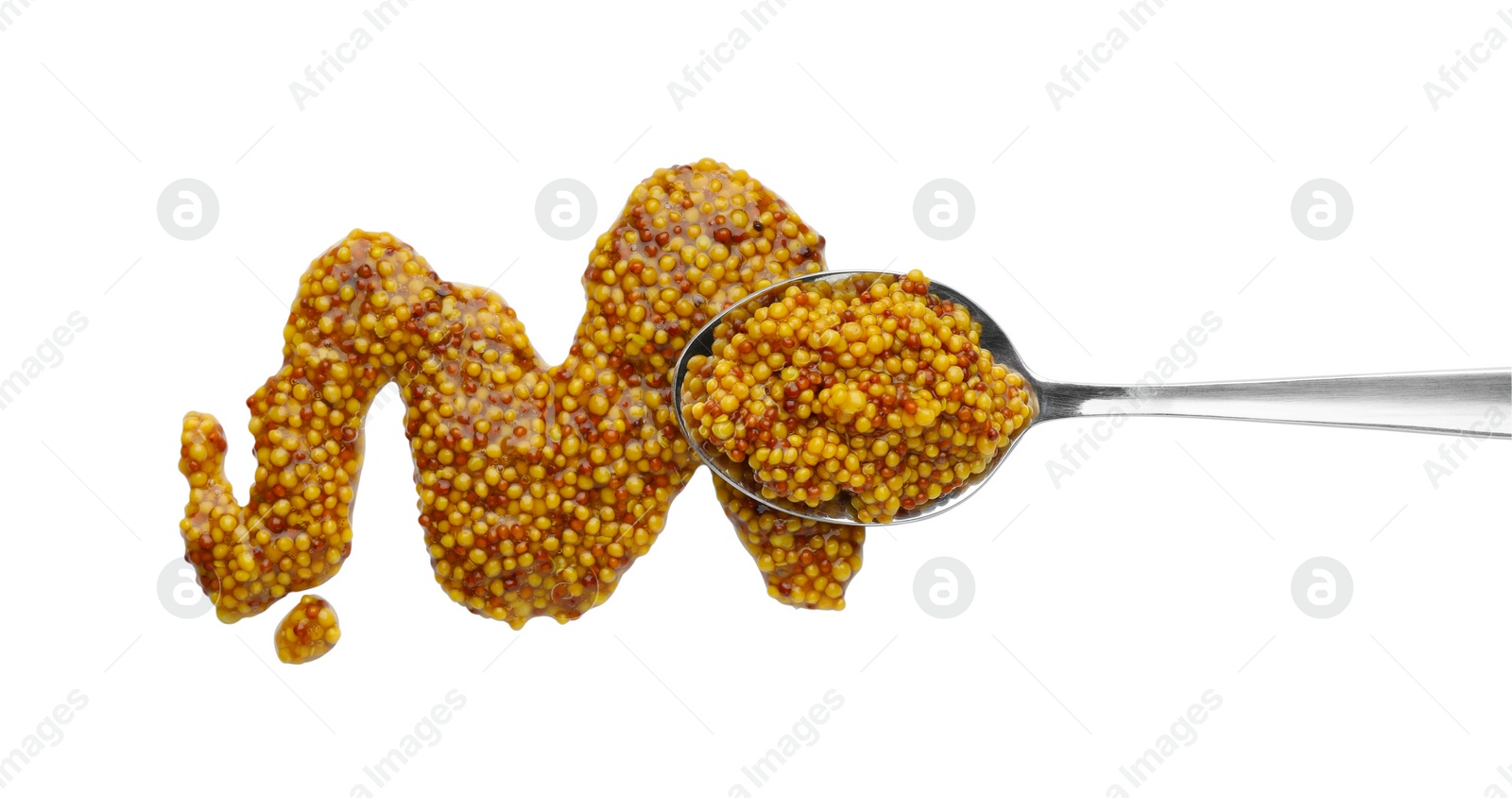 Photo of Whole grain mustard and spoon isolated on white, top view