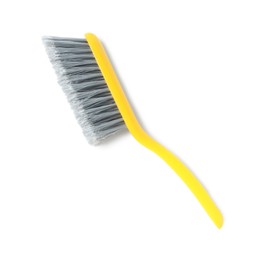 Photo of Plastic hand broom on white background, top view