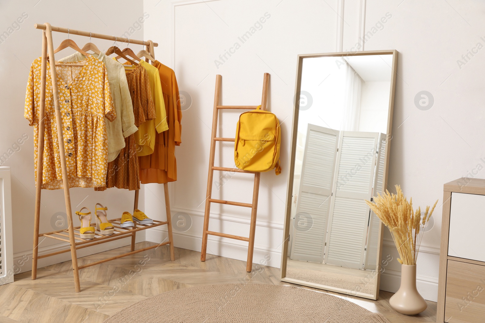 Photo of Modern room with clothes rack and big mirror. Interior design