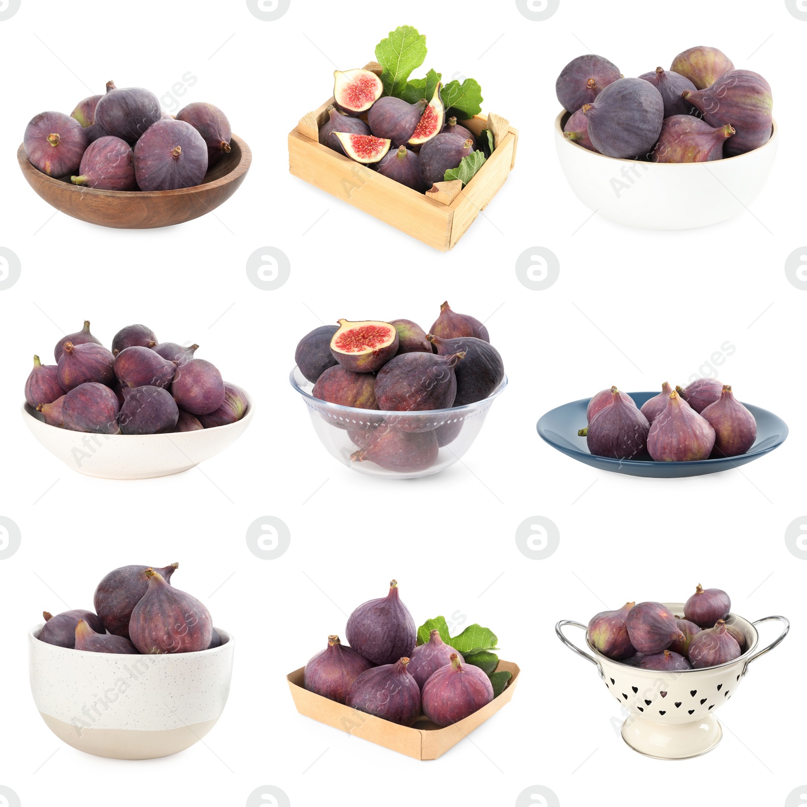 Image of Set of tasty figs on white background