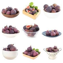 Image of Set of tasty figs on white background