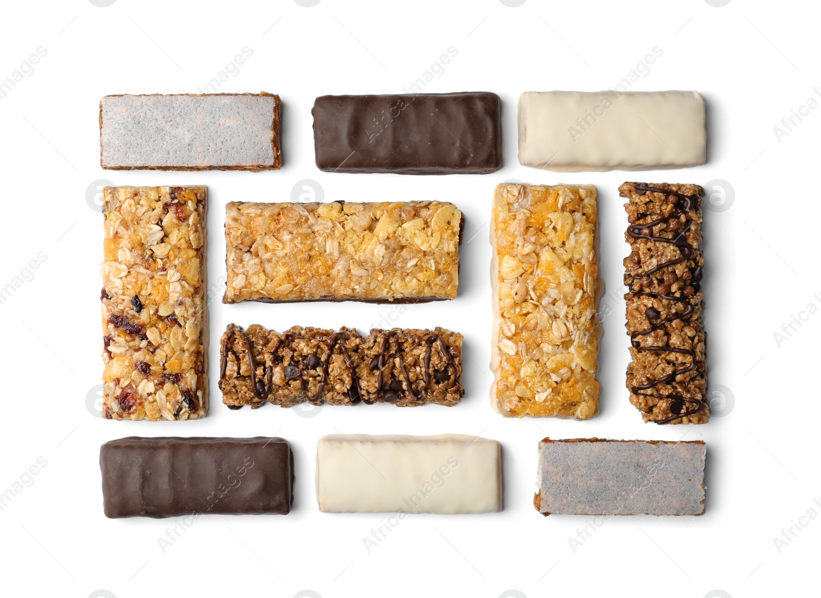 Photo of Flat lay composition with protein bars on white background